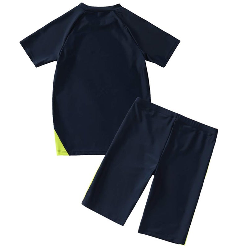 KID1234 Kids Boys Swimsuits UPF50+UV Swimwear Set Two Piece Rash Guard with hat for 4-14 Years Dark Blue - Image 2